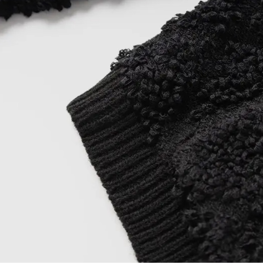SWEATERS- Black Boucle Cardigan Sweater With Gold Buttons - Picture 7 of 8
